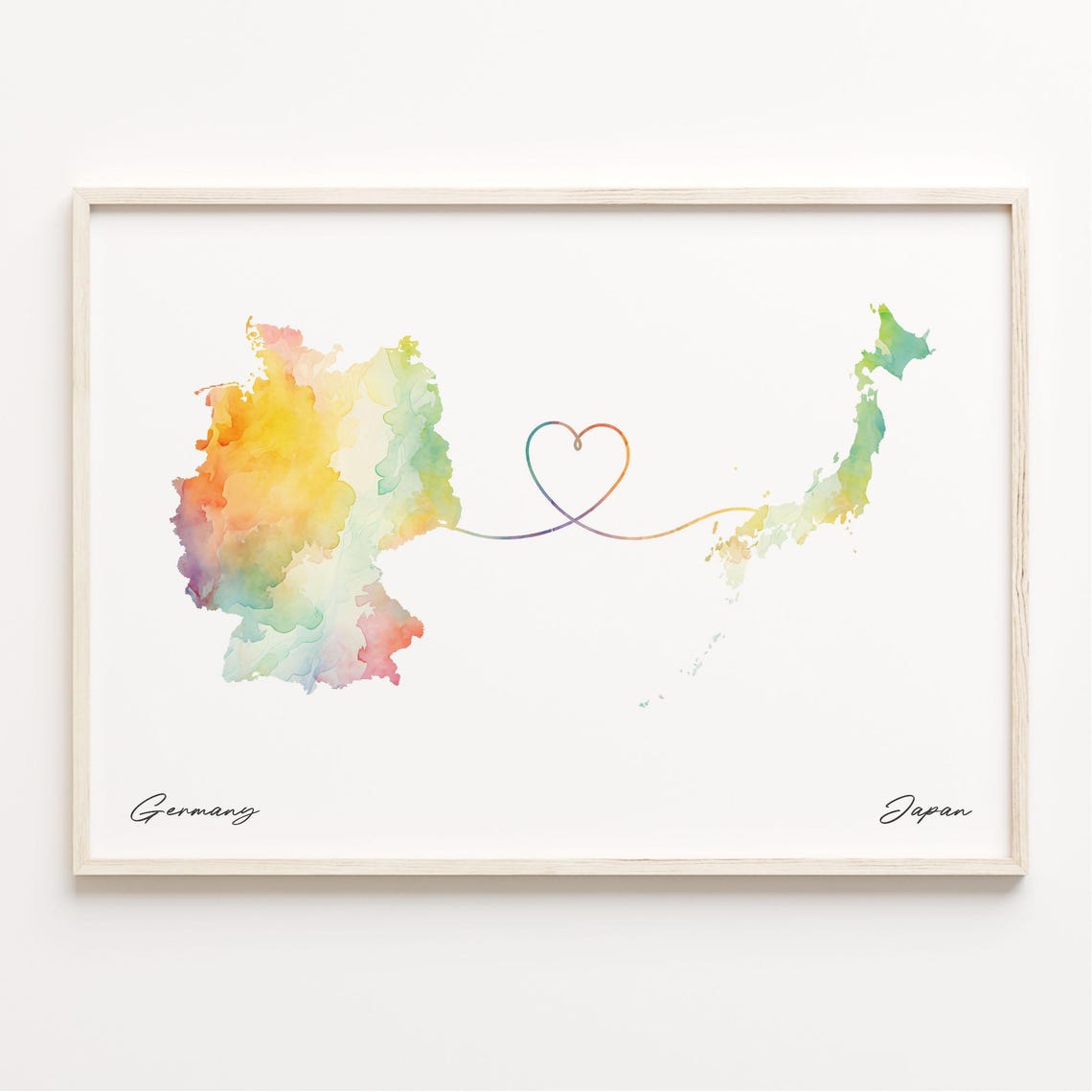 Germany Japan Watercolor Heart Map Long Distance Love Poster