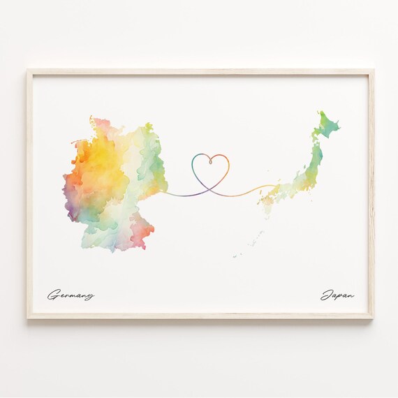 Germany Japan Watercolor Heart Map Long Distance Love Poster