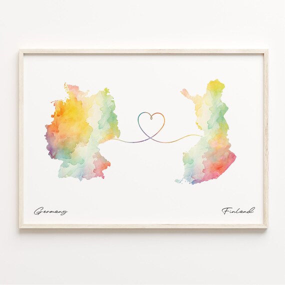 Germany to Finland Watercolor Map Heart Long Distance Love Poster