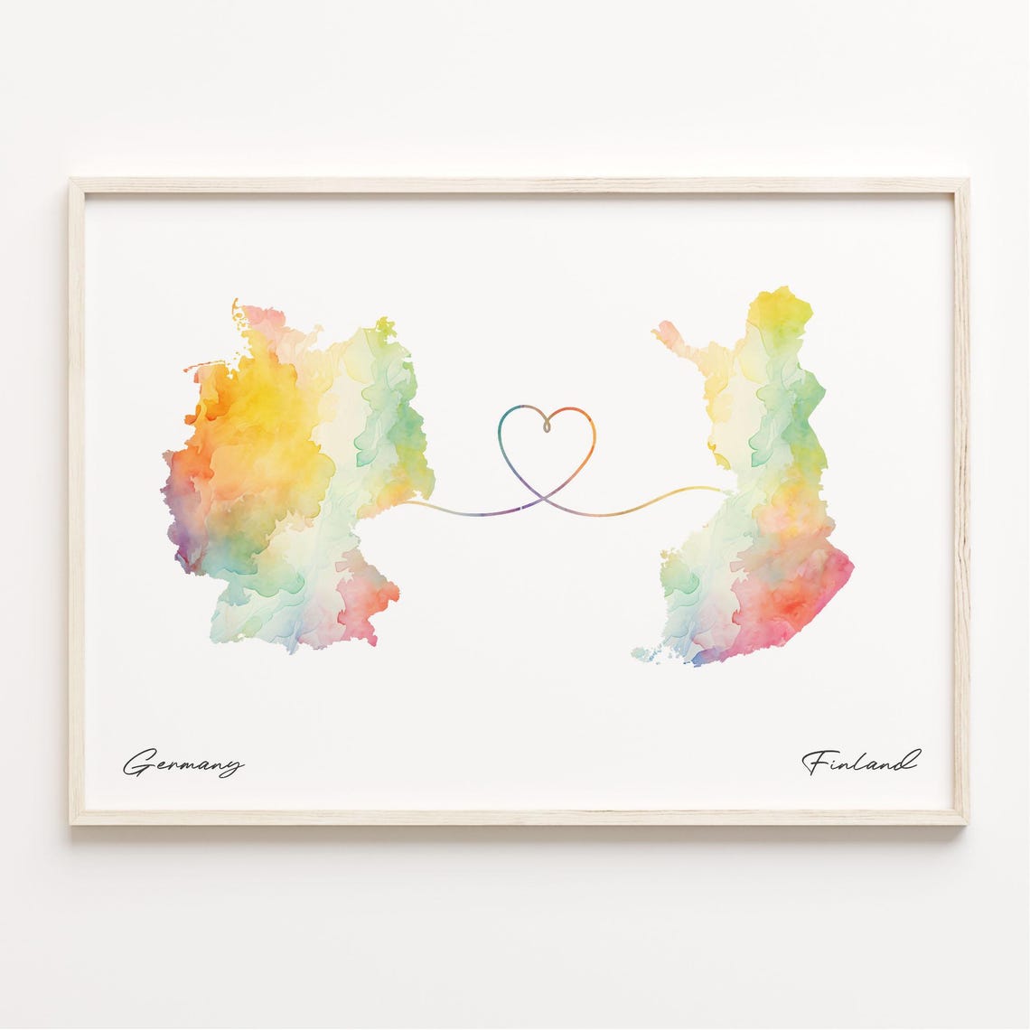 Germany to Finland Watercolor Map Heart Long Distance Love Poster
