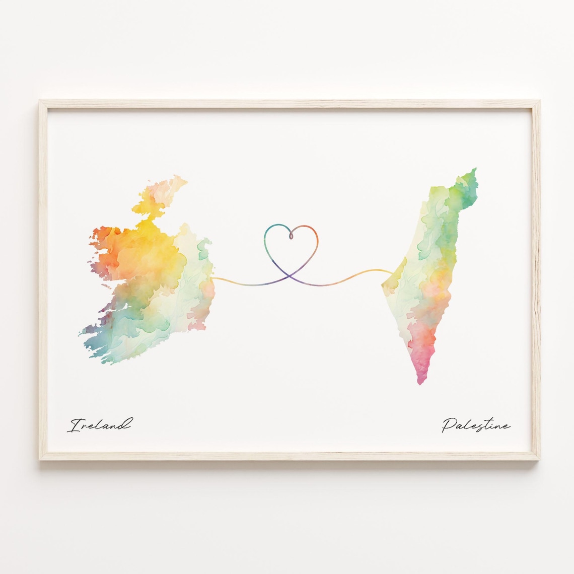 Ireland to Palestine Watercolor Love Map Heart Connection Poster