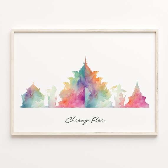 Chiang Rai Thailand Watercolor Temple Skyline Travel Wall Poster