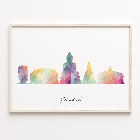 Phuket Thailand Watercolor Skyline Temple Cityscape Travel Poster