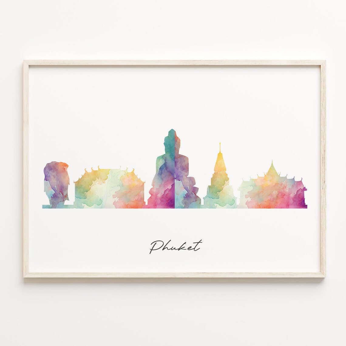 Phuket Thailand Watercolor Skyline Temple Cityscape Travel Poster