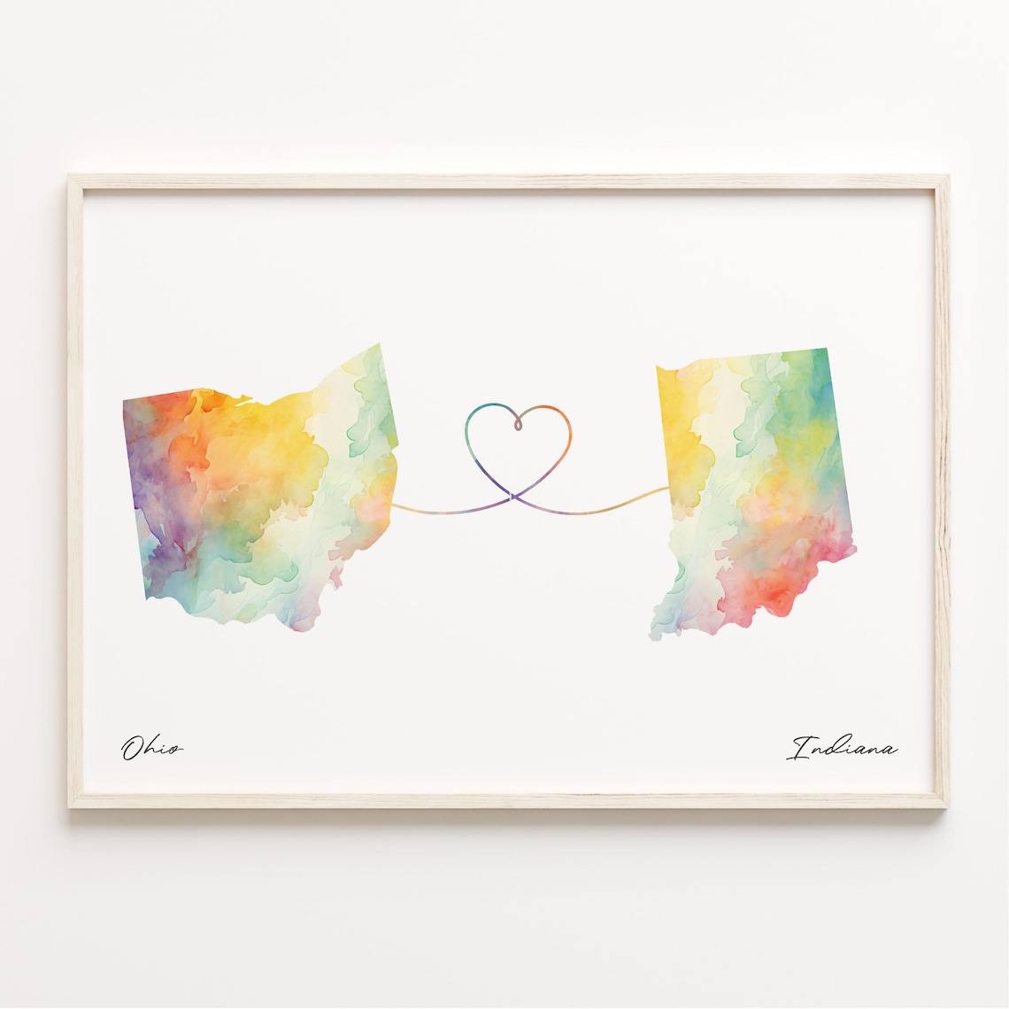 Ohio to Indiana Watercolor Map Heart Long Distance Love Poster