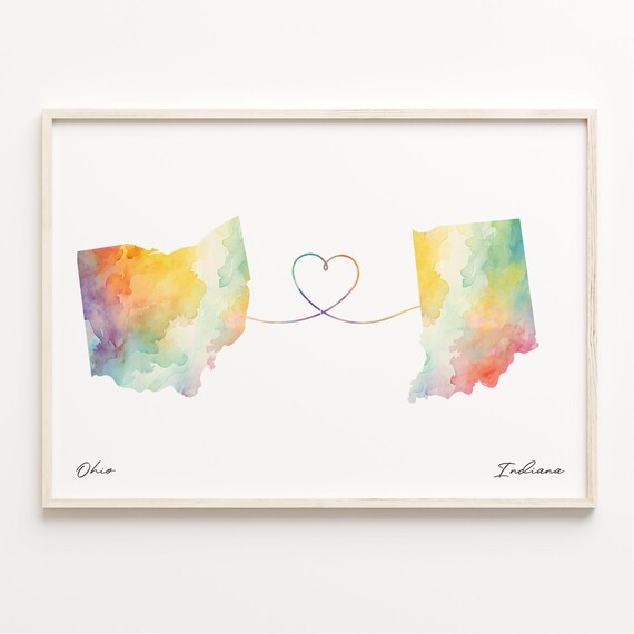 Ohio to Indiana Watercolor Map Heart Long Distance Love Poster