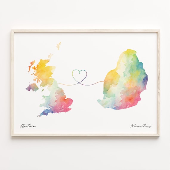 UK to Mauritius Watercolor Map Poster