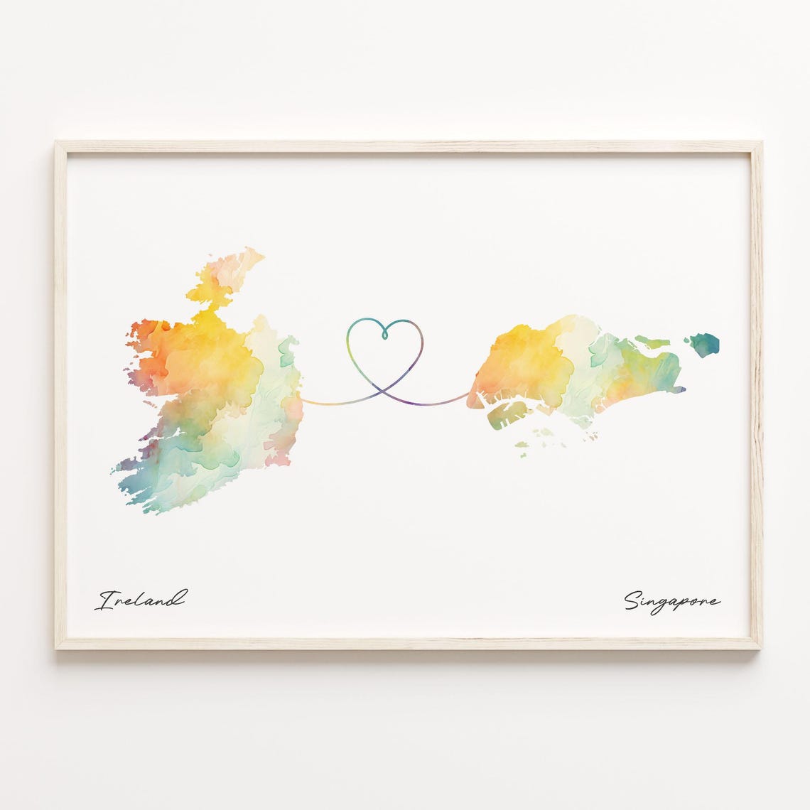 Ireland To Singapore Watercolor Heart Map Connection Wall Art