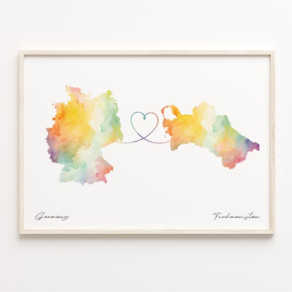 Germany To Turkmenistan Watercolor Map Heart Long Distance Poster