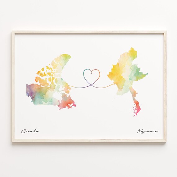 Canada Myanmar Watercolor Long Distance Heart Map Art Poster