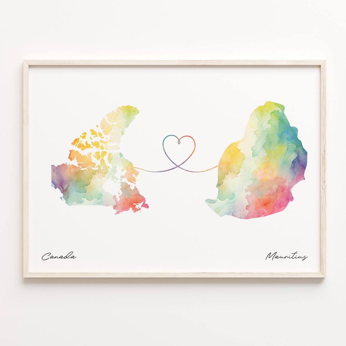 Canada To Mauritius Watercolor Heart Map Long Distance Love Poster