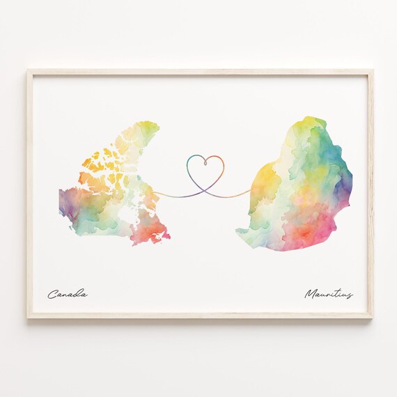 Canada To Mauritius Watercolor Heart Map Long Distance Love Poster