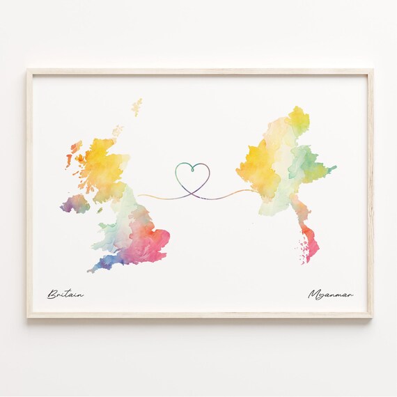 Britain To Myanmar Watercolor Map Heart Long Distance Love Wall Art