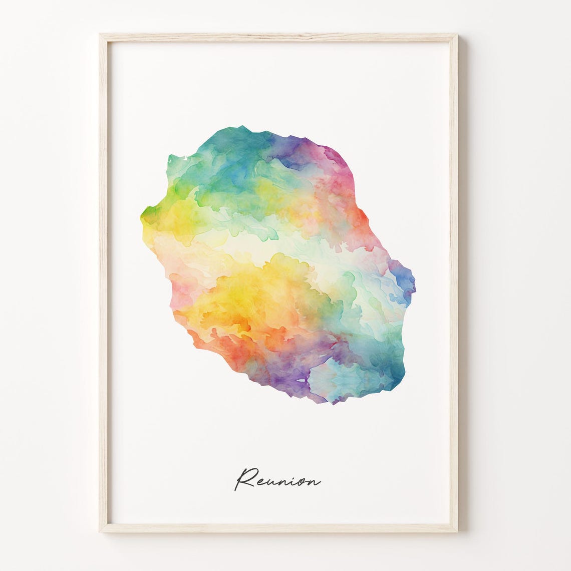 Reunion Island Watercolor Map Colorful Tropical Silhouette Poster