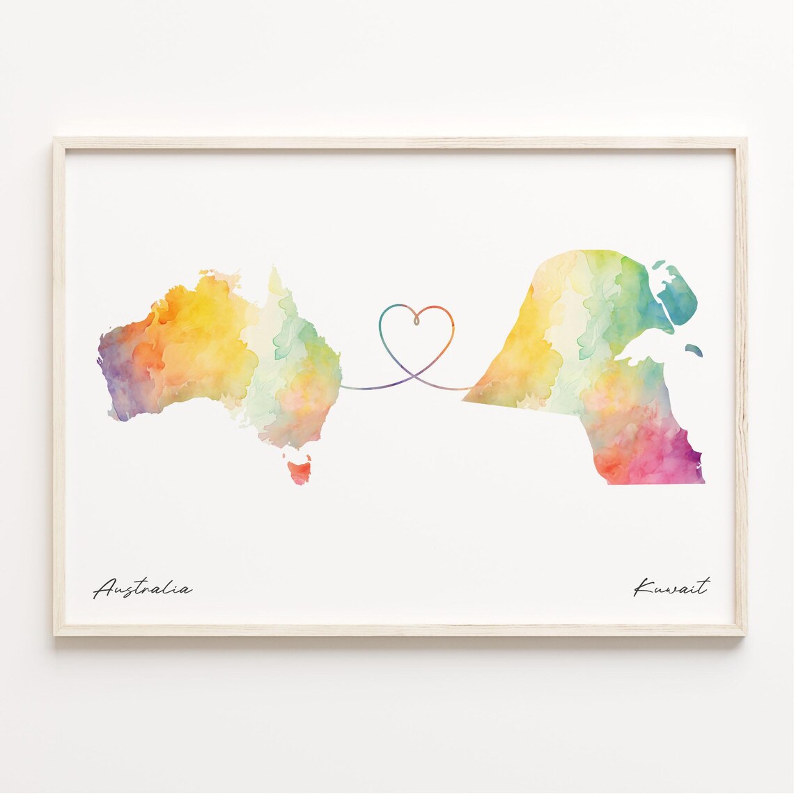 Australia To Kuwait Watercolor Map Heart Long Distance Love Poster
