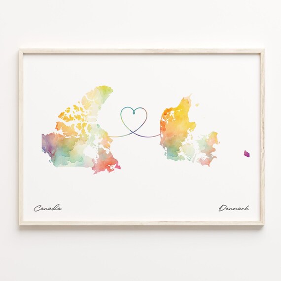Canada To Denmark Watercolor Map Heart Long Distance Gift Poster