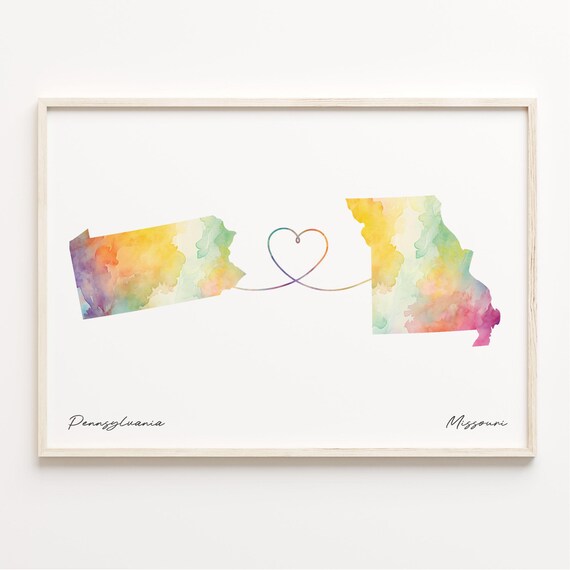 Pennsylvania To Missouri Watercolor Map Heart Long Distance Gift Poster
