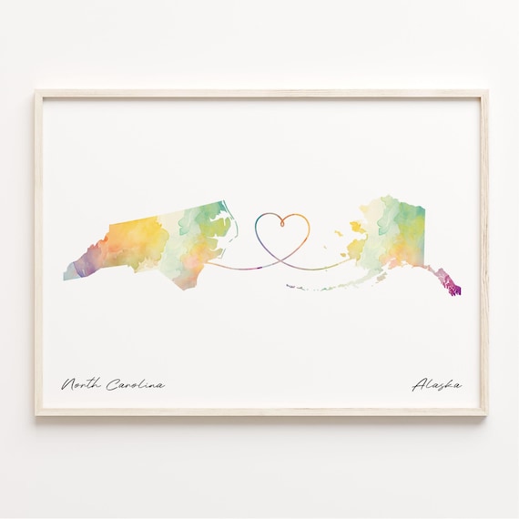 North Carolina to Alaska Watercolor Map Long Distance Love Gift Poster