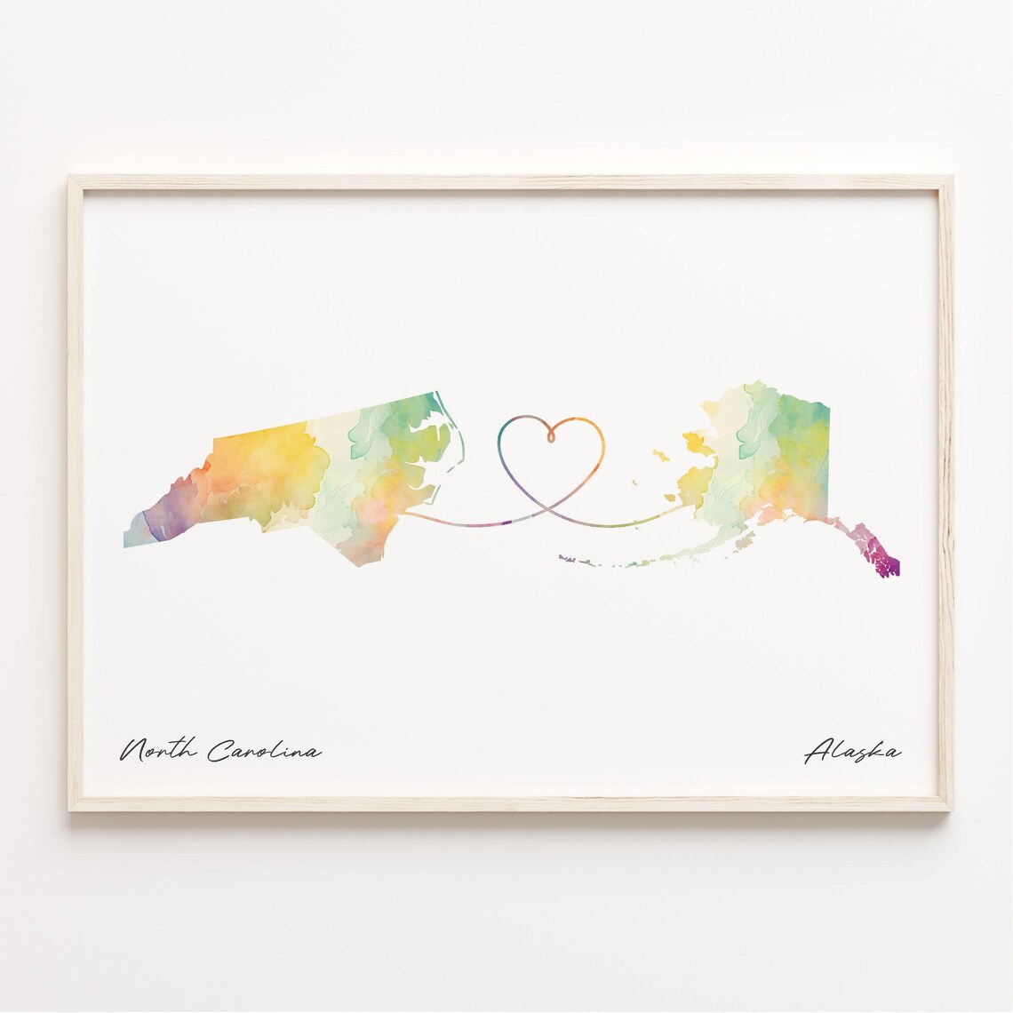 North Carolina to Alaska Watercolor Map Long Distance Love Gift Poster