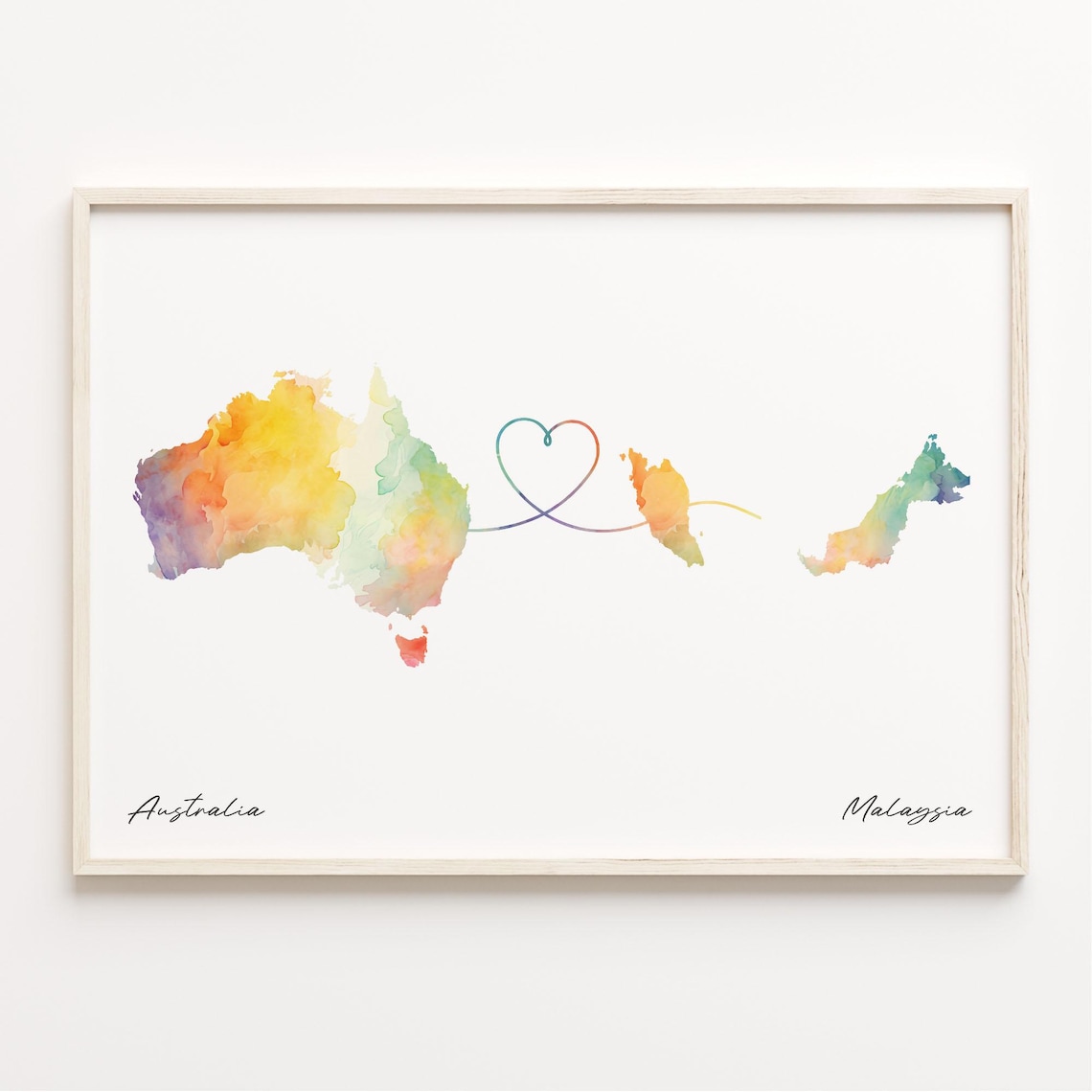 Australia To Malaysia Watercolor Long Distance Heart Map Art Poster