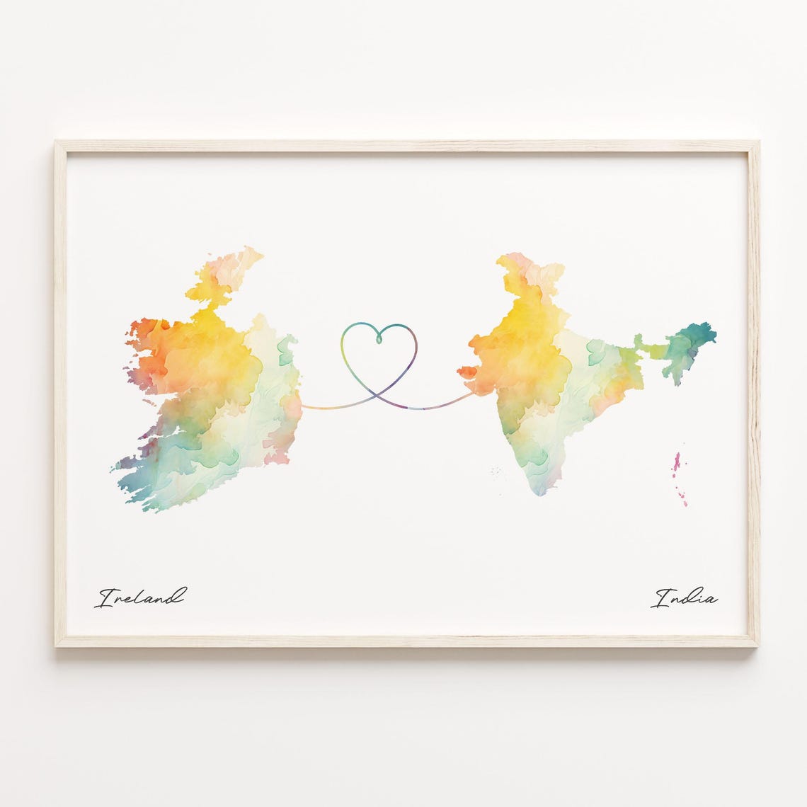 Ireland to India Watercolor Long Distance Love Map Art Poster