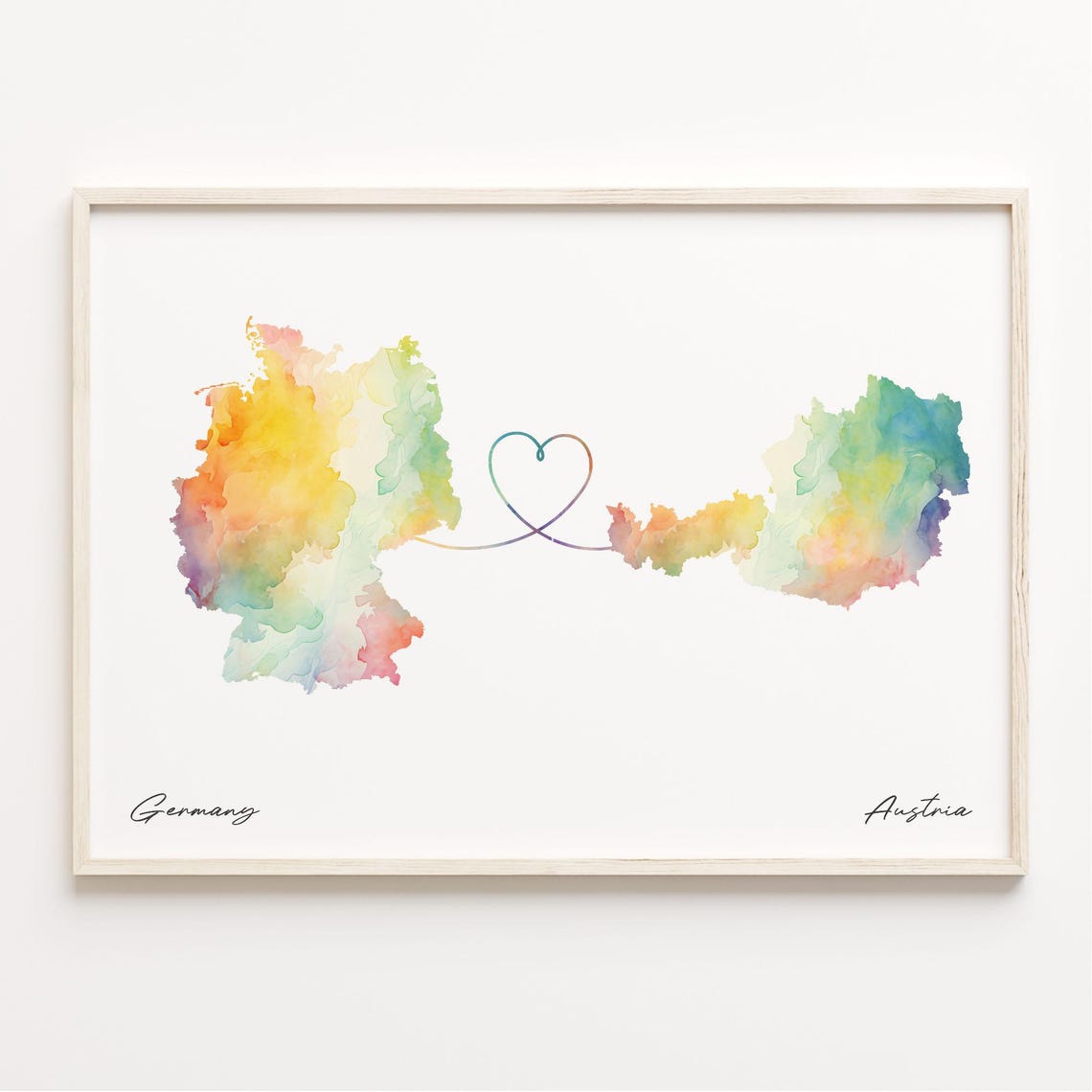 Germany To Austria Watercolor Heart Map Long Distance Love Poster