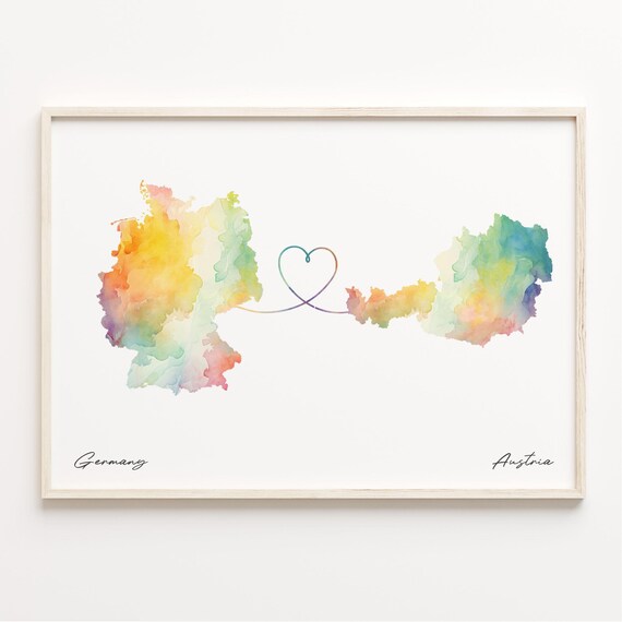 Germany To Austria Watercolor Heart Map Long Distance Love Poster