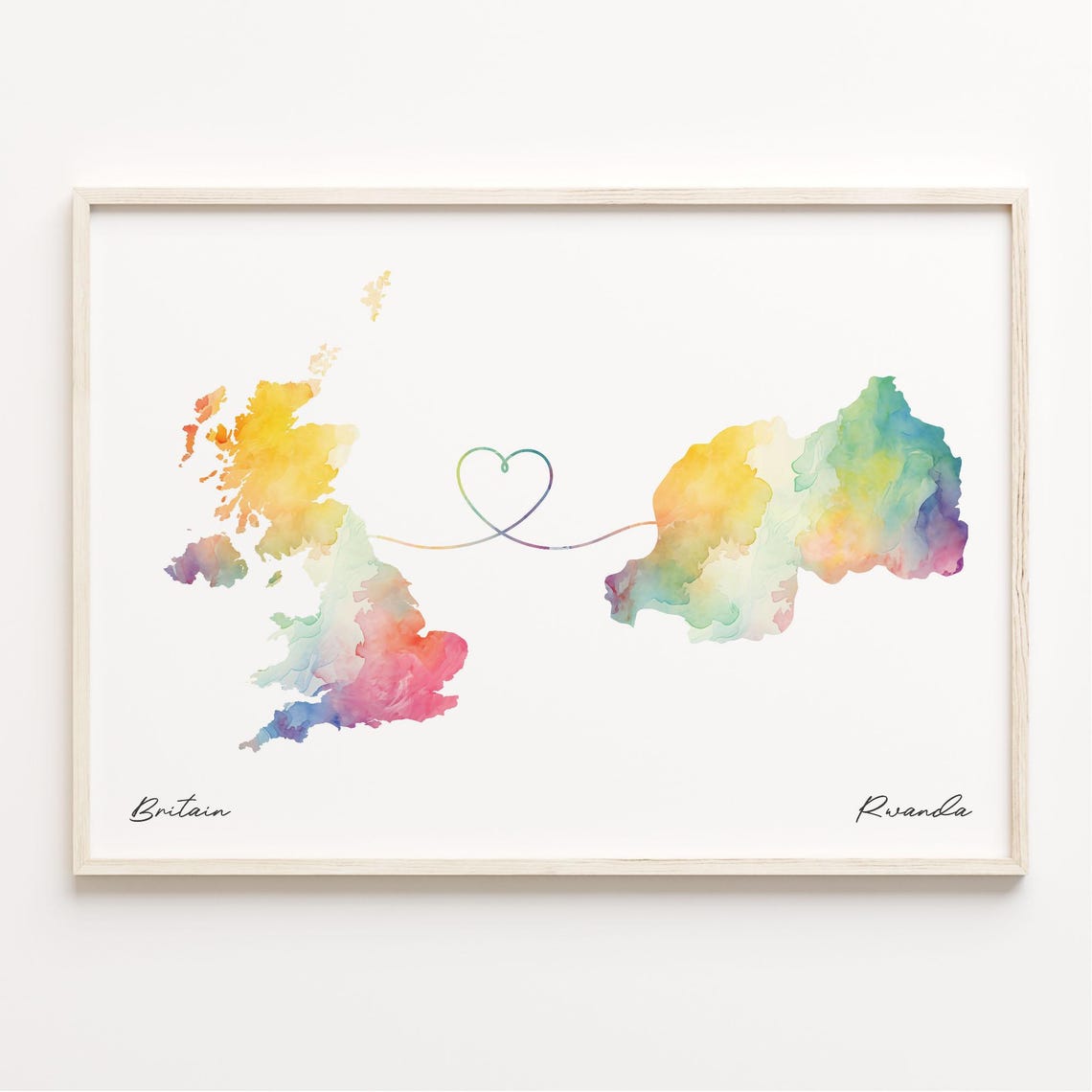 Britain To Rwanda Watercolor Map Connection With Heart Art Print
