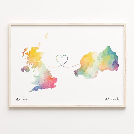 Britain To Rwanda Watercolor Map Connection With Heart Art Print