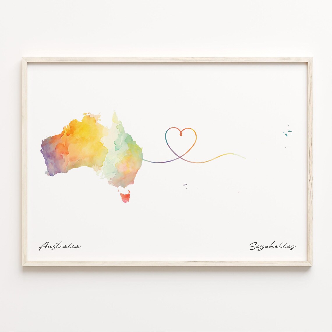 Australia To Seychelles Watercolor Map Heart Connection Poster