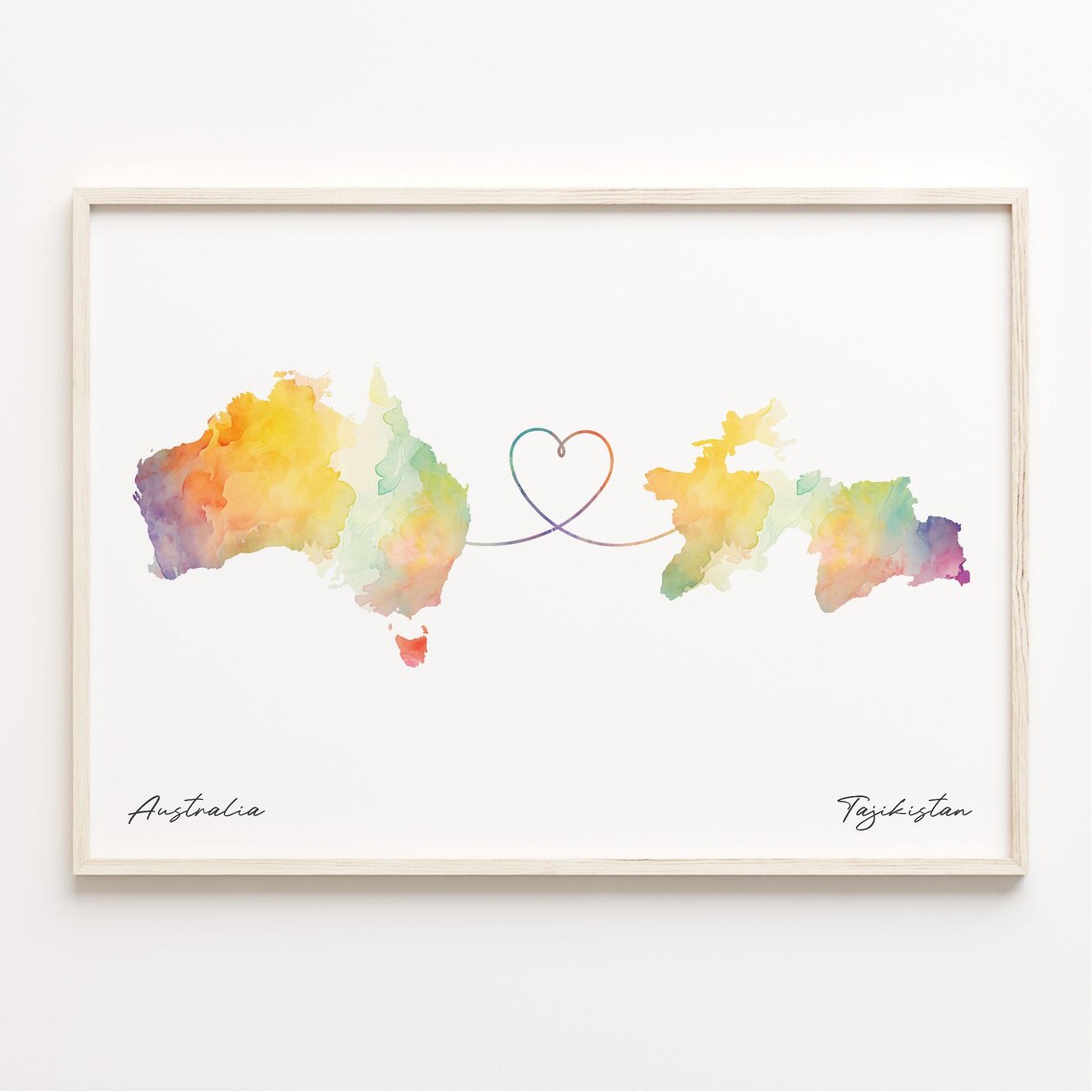 Australia To Tajikistan Watercolor Heart Map Long Distance Gift Poster