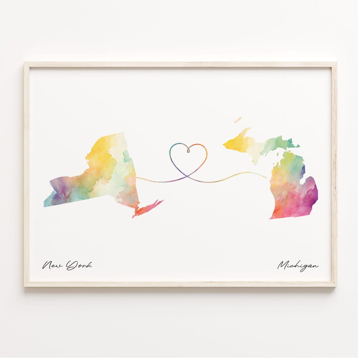 New York Michigan Watercolor State Map Heart Connection Poster