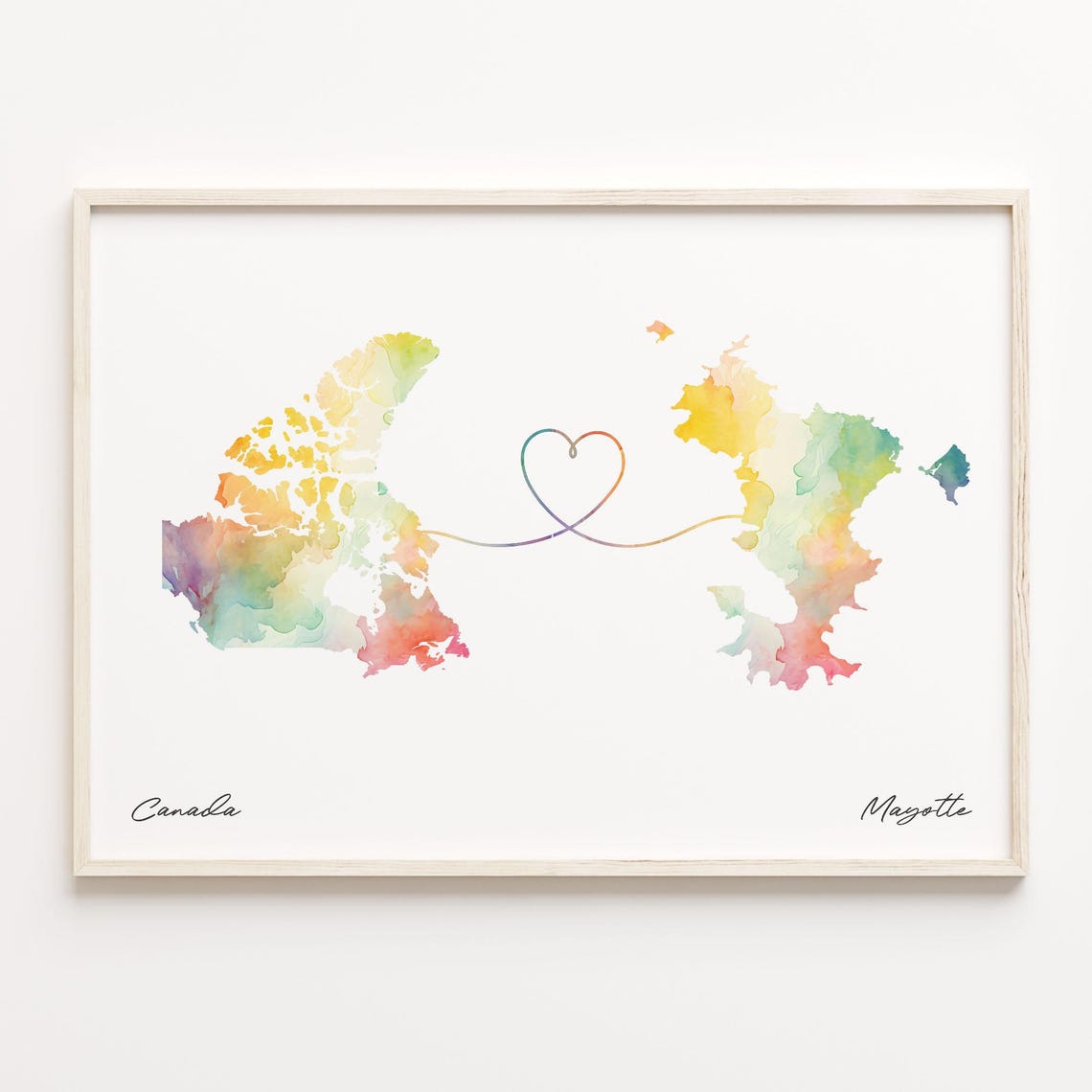 Canada To Mayotte Watercolor Map Heart Connection Gift Poster