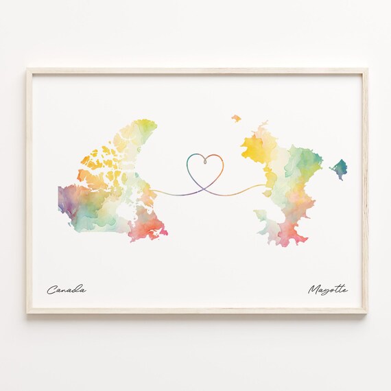 Canada To Mayotte Watercolor Map Heart Connection Gift Poster