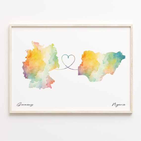 Germany To Nigeria Watercolor World Map Heart Connection Gift Poster