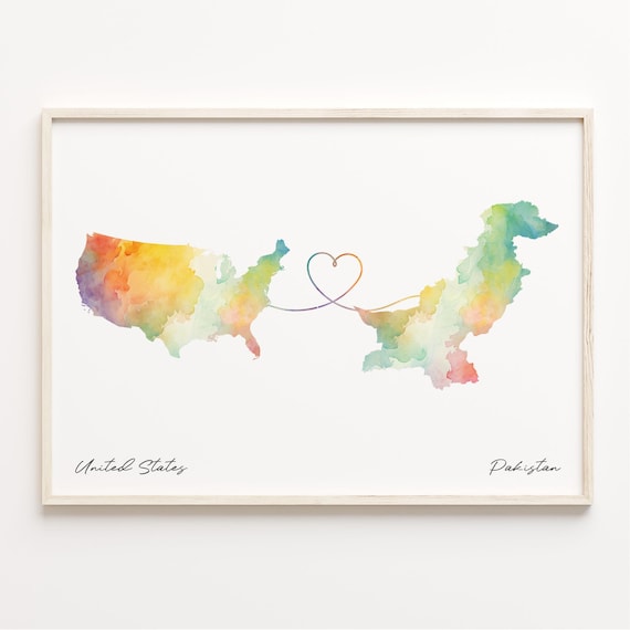 United States To Pakistan Watercolor Map Heart Love Gift Poster