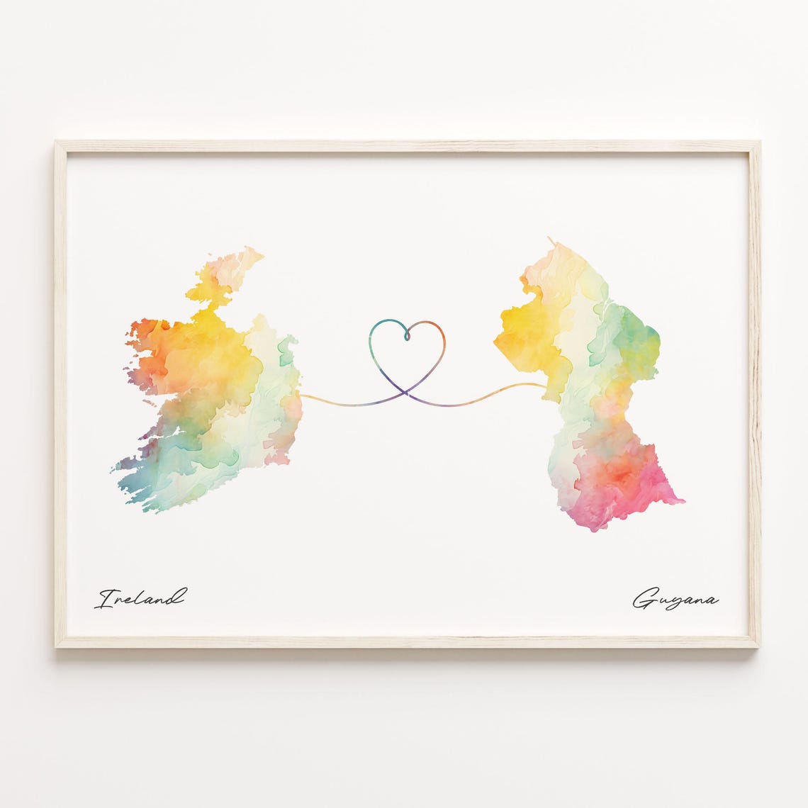 Romantic Ireland And Guyana Watercolor Map Heart Ribbon Art Poster