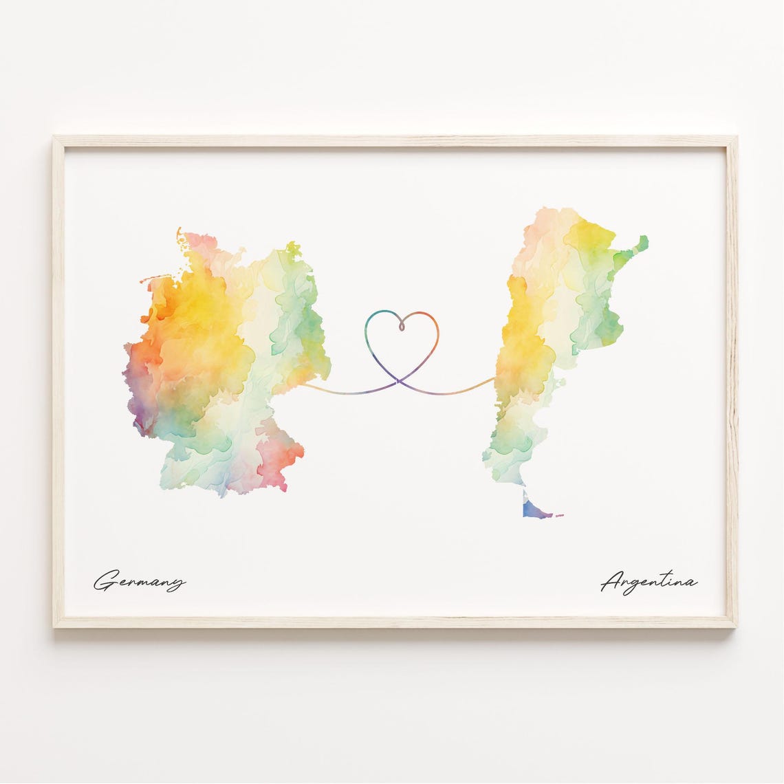 Germany To Argentina Watercolor Heart Connection Map Gift Print