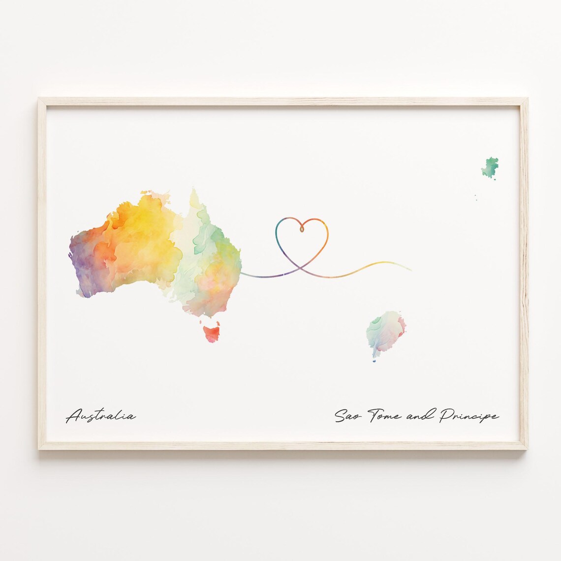 Australia To Sao Tome and Principe Watercolor Heart Map Long Distance Love Poster