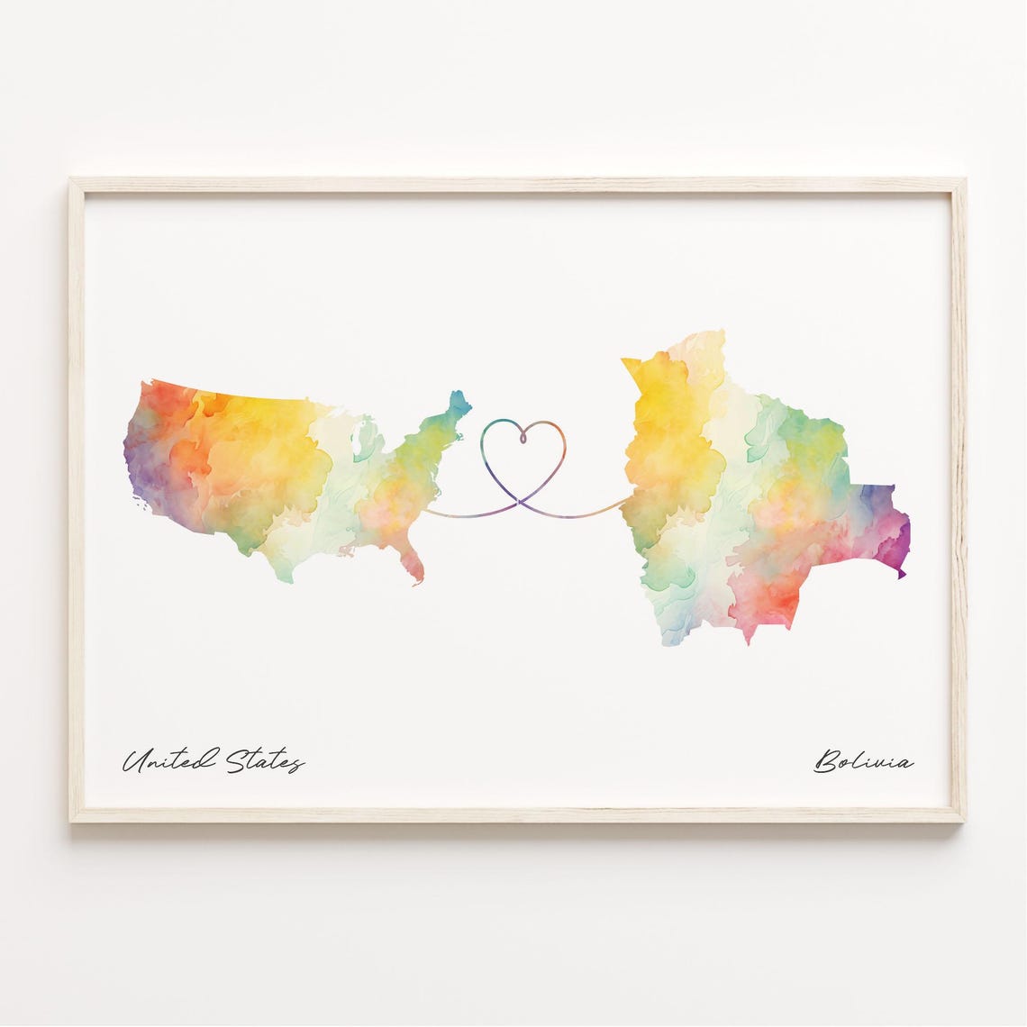 United States to Bolivia Watercolor Heart Connection Map Poster