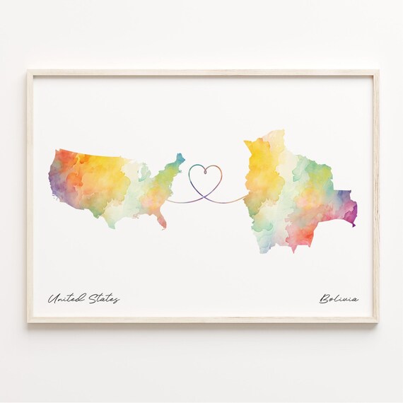 United States to Bolivia Watercolor Heart Connection Map Poster