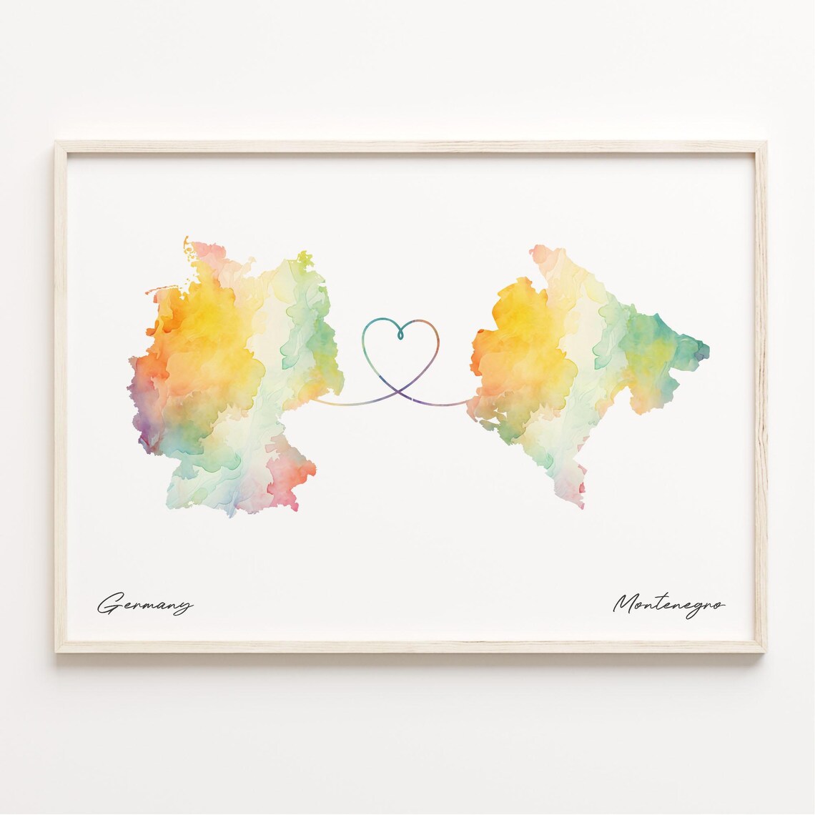 Germany to Montenegro Watercolor Map Heart Travel Connection Poster