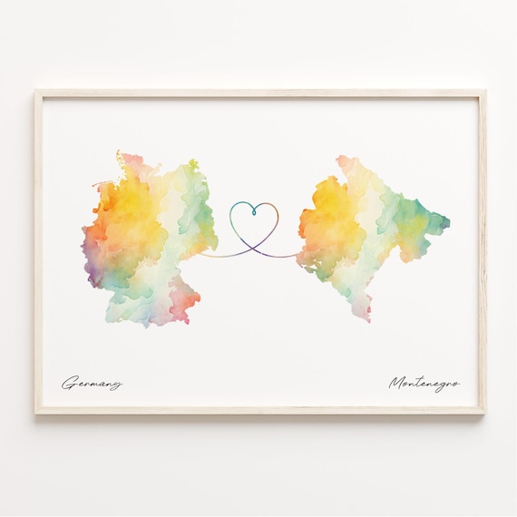 Germany to Montenegro Watercolor Map Heart Travel Connection Poster