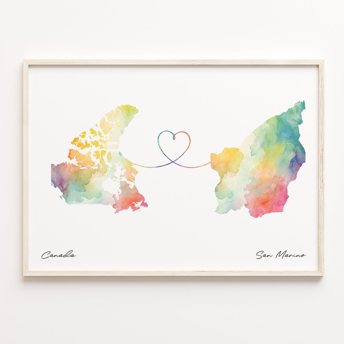 Canada To San Marino Watercolor Map Heart Connection Gift Poster
