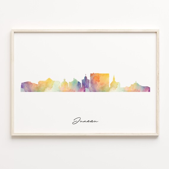 Juneau Alaska Pastel Watercolor Skyline Cityscape Art Poster