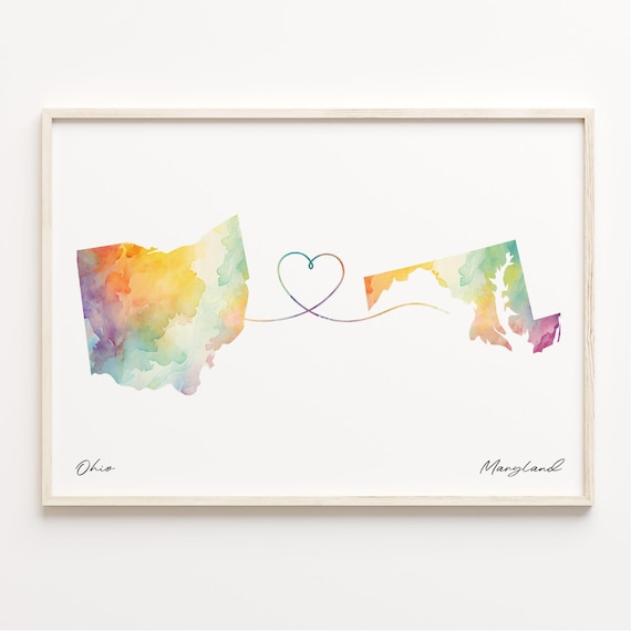 Ohio To Maryland Watercolor Map Heart Long Distance Love Print