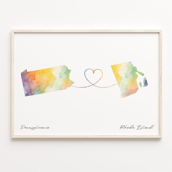 Pennsylvania To Rhode Island Watercolor Heart Map Long Distance Poster