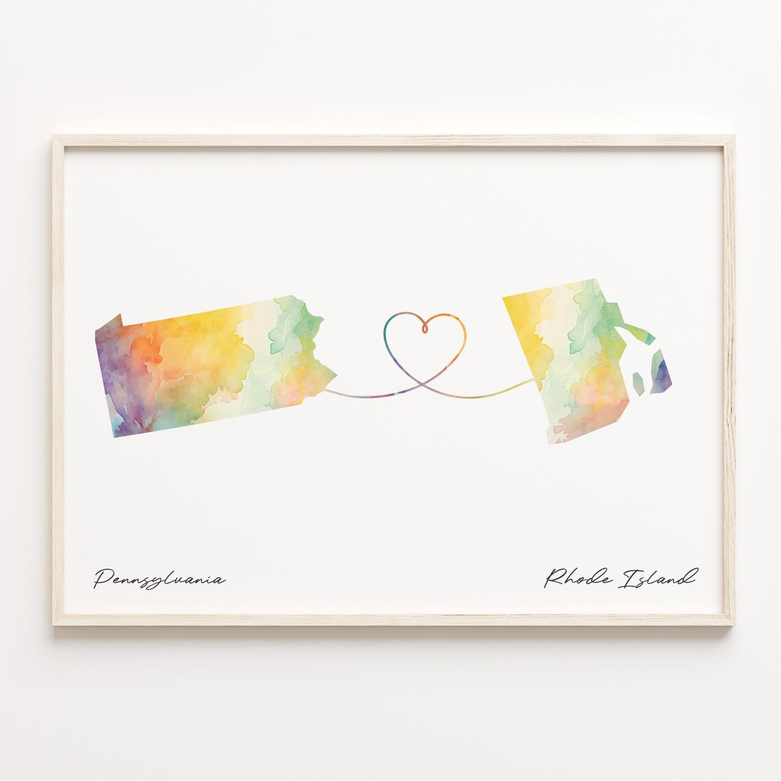 Pennsylvania To Rhode Island Watercolor Heart Map Long Distance Poster