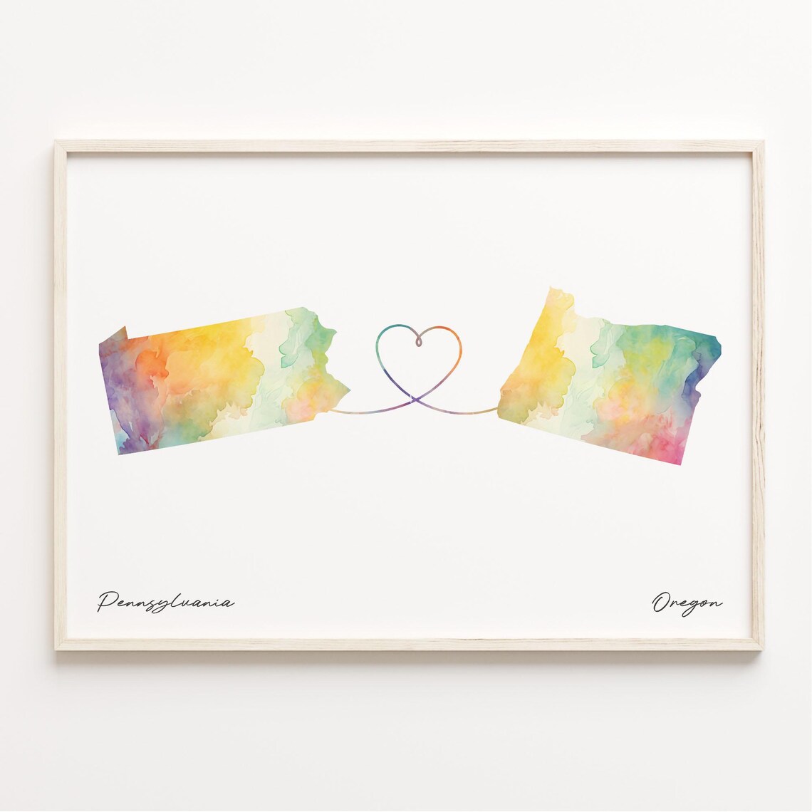Pennsylvania To Oregon Watercolor Map Heart Love Story Poster