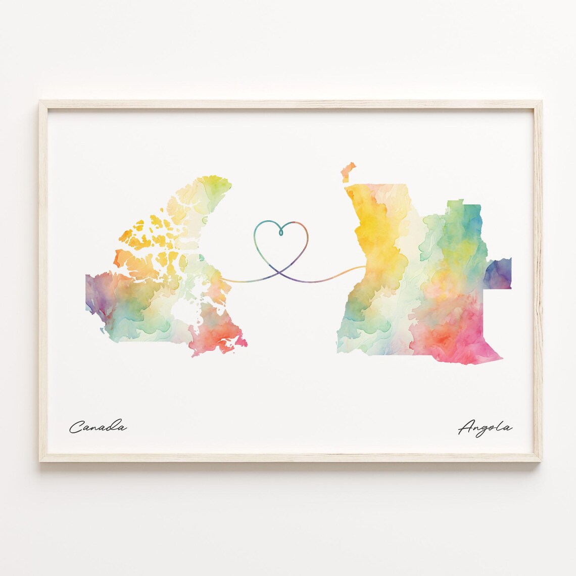 Canada to Angola Watercolor Heart Connection Couple Map Art Print